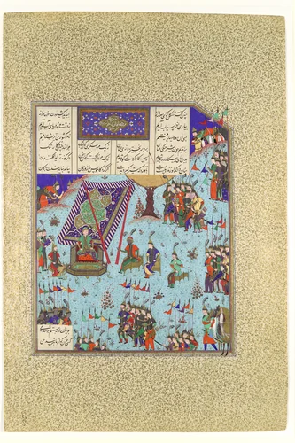 "Shangul Stirs the Khaqan's Council to War on Rustam", Folio 276v from the Shahnama (Book of Kings) of Shah Tahmasp by Abu'l Qasim Firdausi, manuscript, 1500-1555