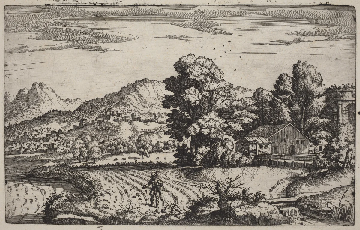 Mountainous Landscape with the Parable of the Sower by Giovanni Battista Fontana, print, 1572-1573