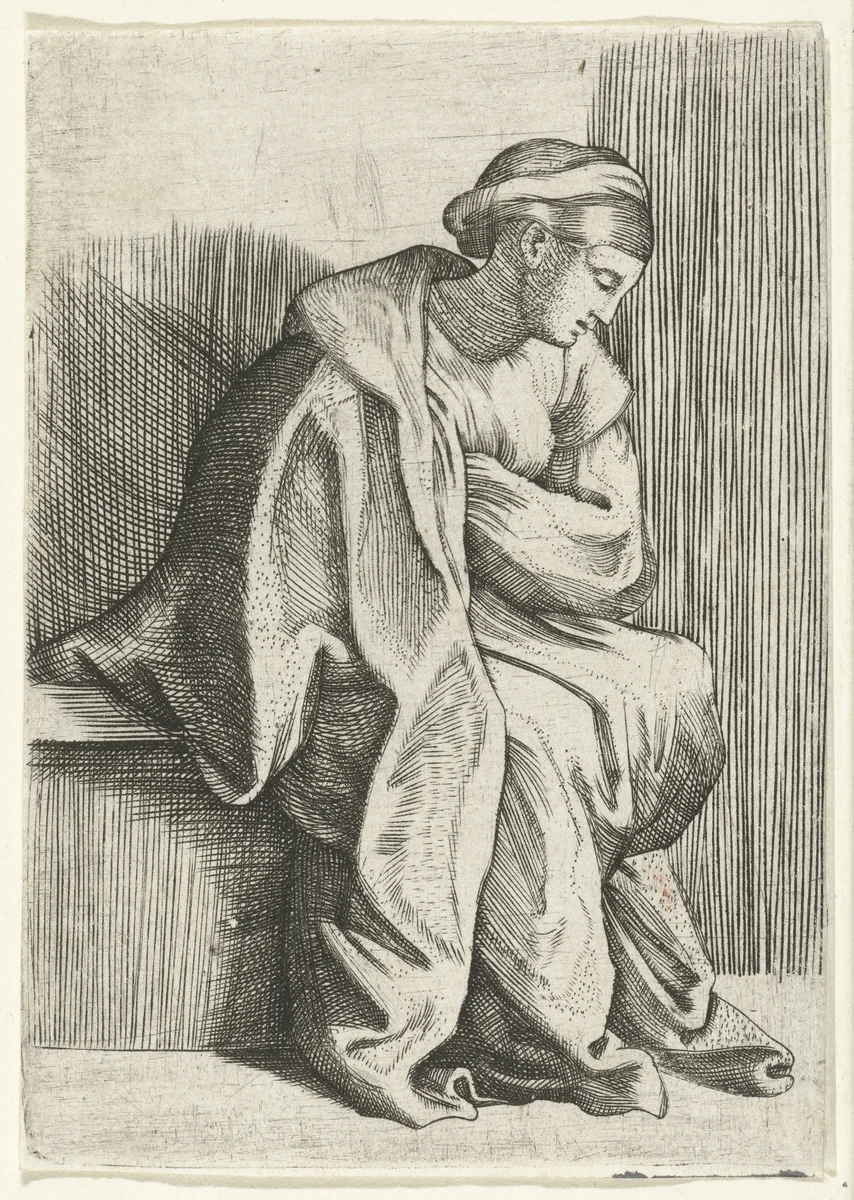 Zittende vrouw in overpeinzing by anonymous, print, 1510-1575