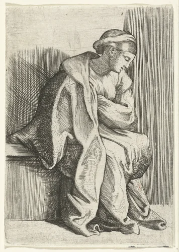 Zittende vrouw in overpeinzing by anonymous, print, 1510-1575