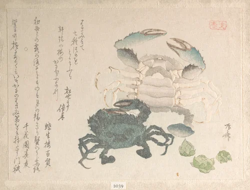 Spring Rain Collection (Harusame shū), vol. 1: Crabs and Lotus Blossoms by Ryūryūkyo Shinsai (柳々居辰斎), print, 1805-1810