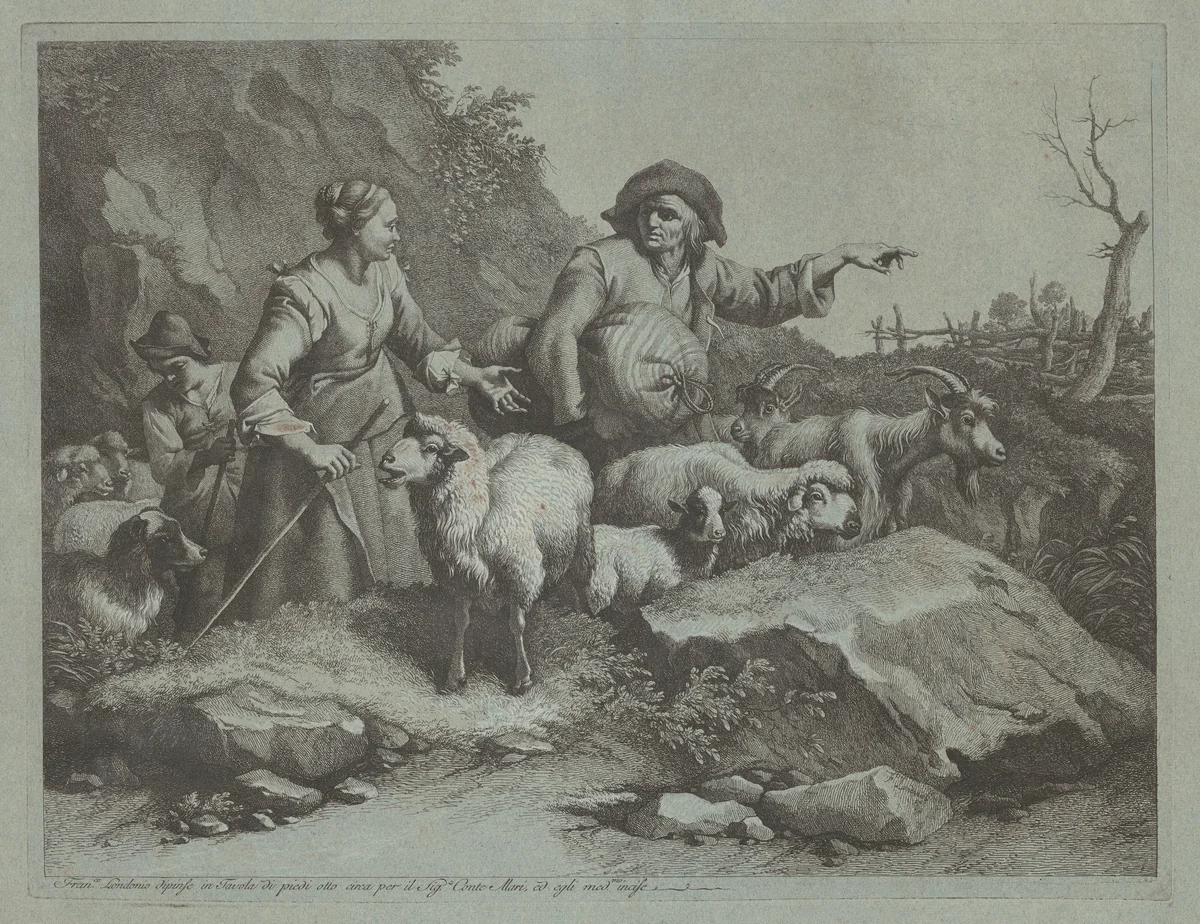 Peasant Man with a Sack and Two Shepherdesses by Francesco Londonio, print, 1765