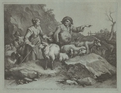Peasant Man with a Sack and Two Shepherdesses by Francesco Londonio, print, 1765