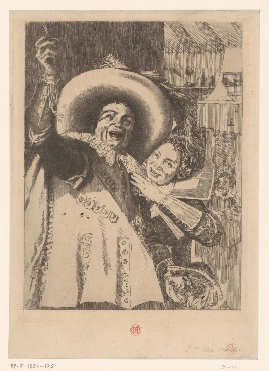 Jonge man en vrouw in een herberg by Henri Charles Guérard, print, 1883