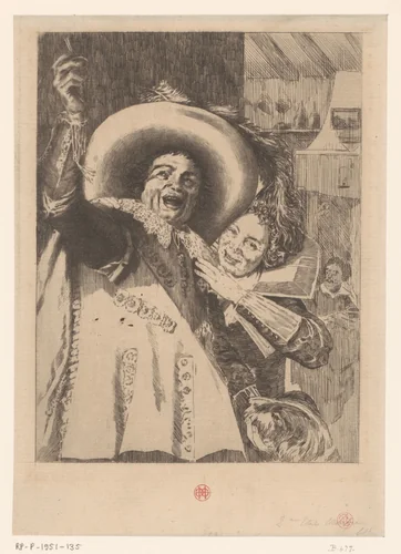 Jonge man en vrouw in een herberg by Henri Charles Guérard, print, 1883