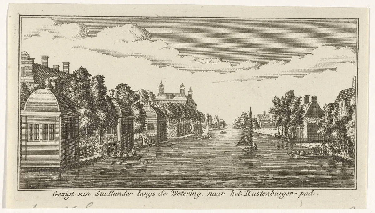 Gezicht op de wetering bij het Rustenburgerpad by Gerardus Condet, print, 1725-1764