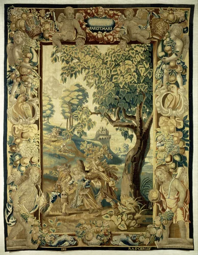 Landschapsverdure met soldaten die een vrouw aanvallen by Erasmus Oorlofs, textile, 1650