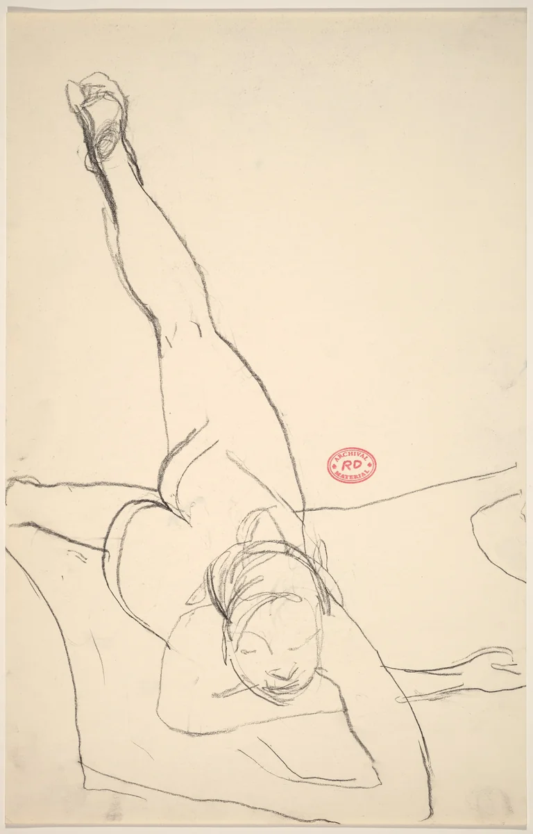Untitled [female nude with belly on floor and left leg raised] by Richard Diebenkorn, drawing, 1955-1967