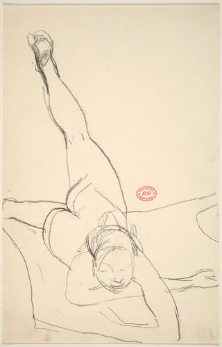 Untitled [female nude with belly on floor and left leg raised] by Richard Diebenkorn, drawing, 1955-1967