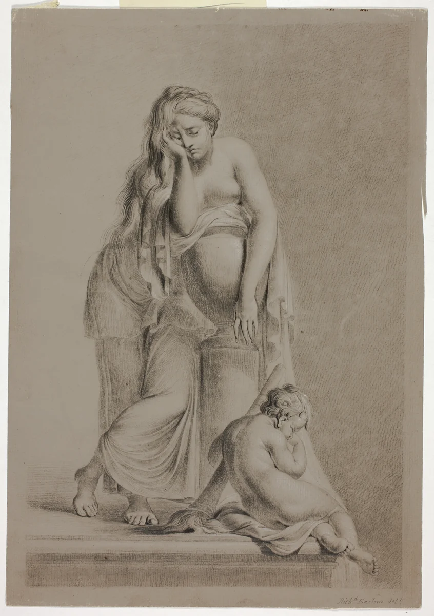 Weeping Allegorical Female Figure with Putto by Richard Earlom, drawing, 1770-1779