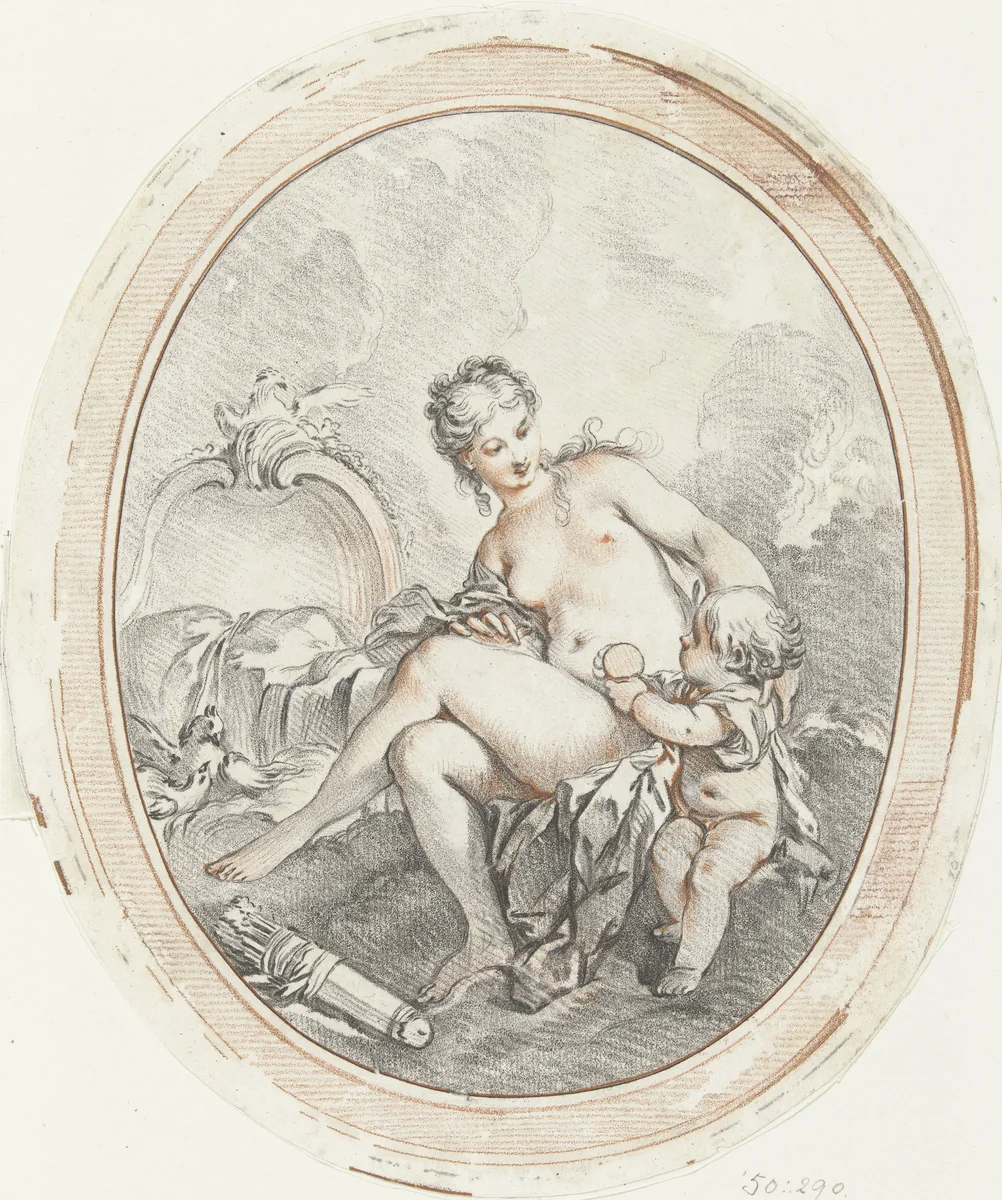 Venus en Amor in ovaal by Gilles Demarteau, print, 1732-1776