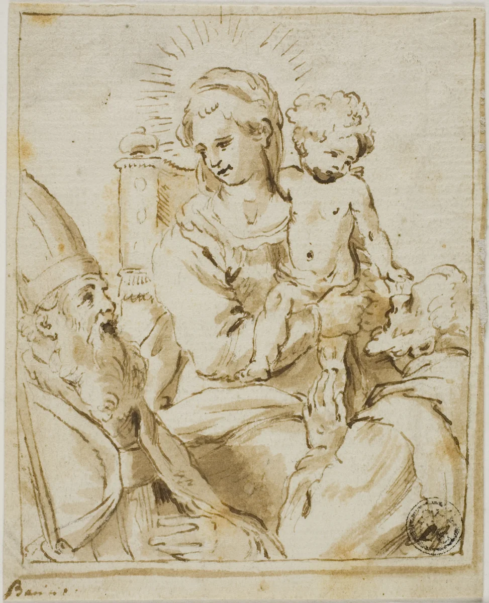 Madonna and Child with Two Male Saints by Giacomo Bambini, drawing, 1602-1639