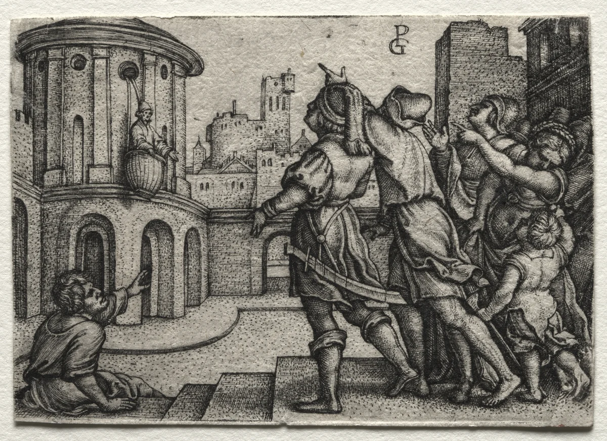 Virgil hanging in a Basket by Georg Pencz, print, 1541-1542