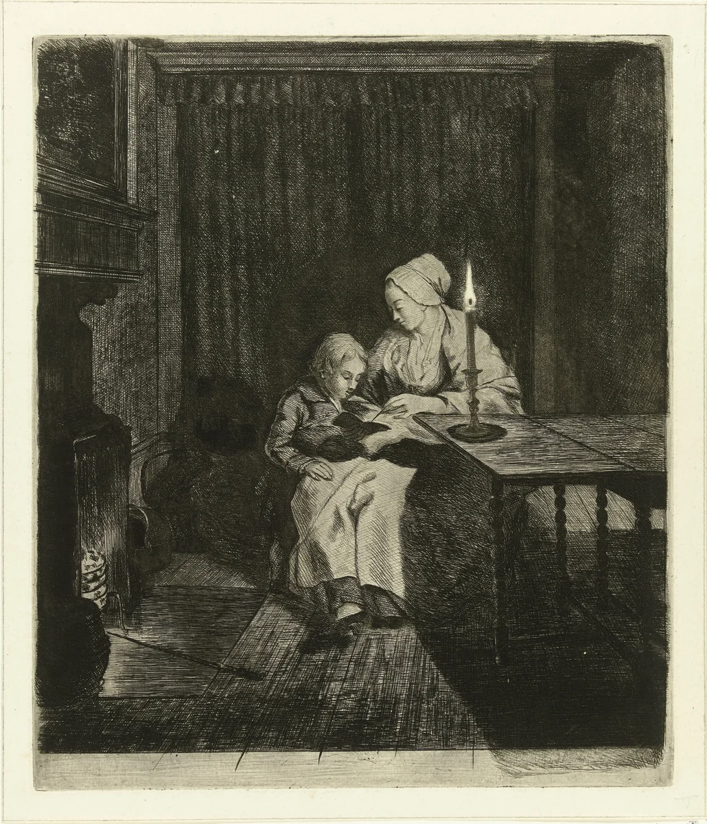 Moeder geeft haar zoon les by Louis Bernard Coclers, print, 1756-1817