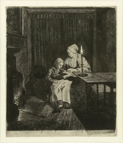 Moeder geeft haar zoon les by Louis Bernard Coclers, print, 1756-1817