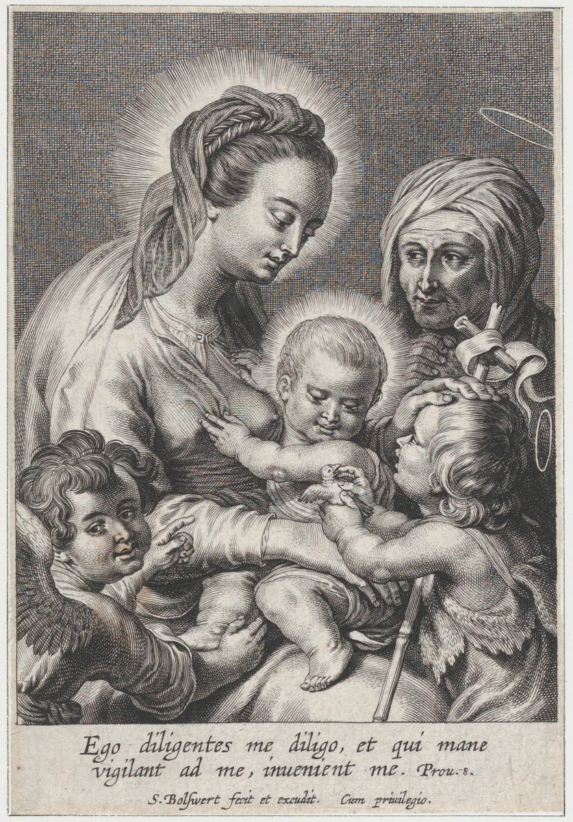 The Virgin and Christ child, with Saint John the Baptist showing them a bird at right, Saint Anne in the background at right, and a putto at lower left by Schelte Adams Bolswert, print, 1595-1659