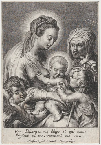 The Virgin and Christ child, with Saint John the Baptist showing them a bird at right, Saint Anne in the background at right, and a putto at lower left by Schelte Adams Bolswert, print, 1595-1659