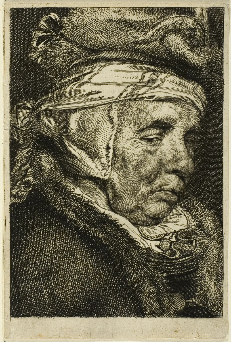 Head of an Old Woman (so-called portrait of Visscher's mother) by Cornelis Visscher, print, 1649-1658