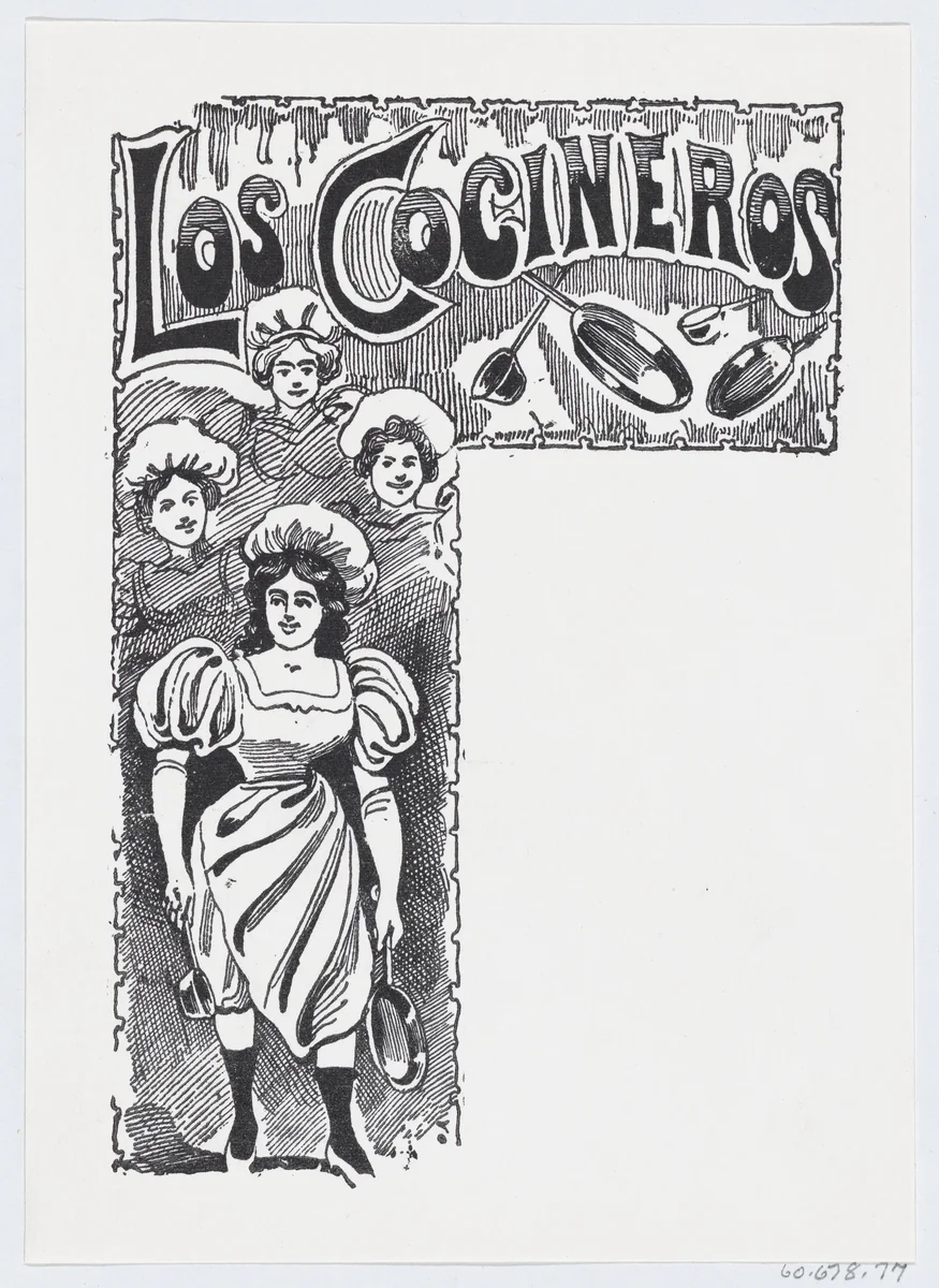 A woman holding a pan and ladle with other women and cooking supplies in the background by José Guadalupe Posada, print, 1875-1885