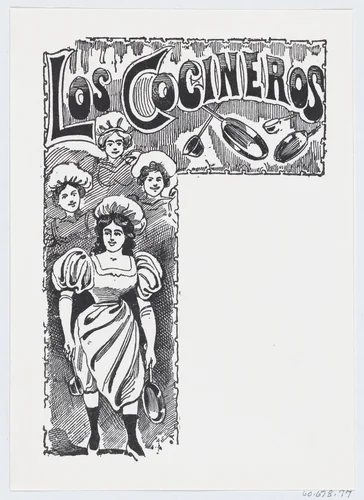 A woman holding a pan and ladle with other women and cooking supplies in the background by José Guadalupe Posada, print, 1875-1885