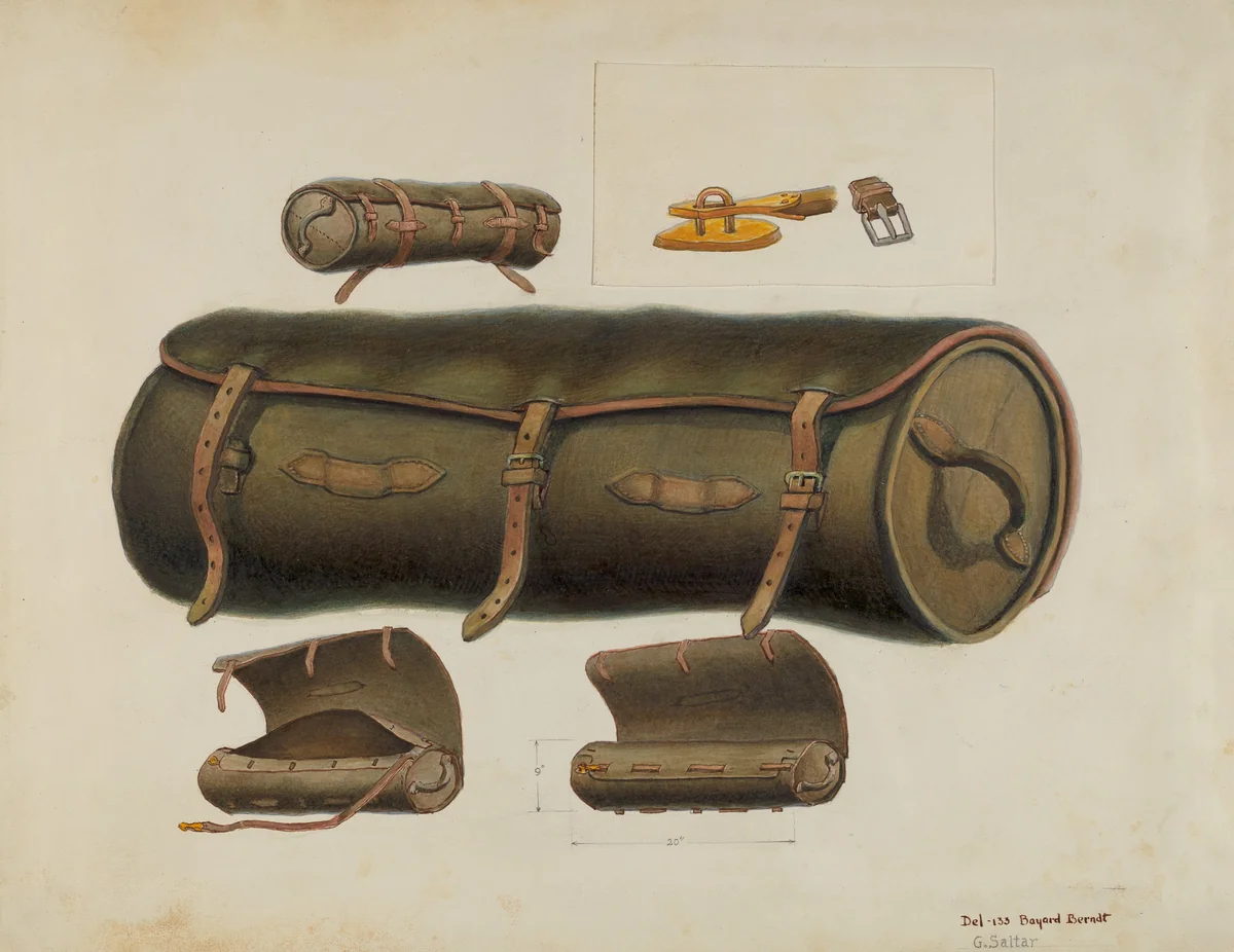 Rolled Leather Knapsack by B. Berndt; Gordon Saltar, index of american design, 1937