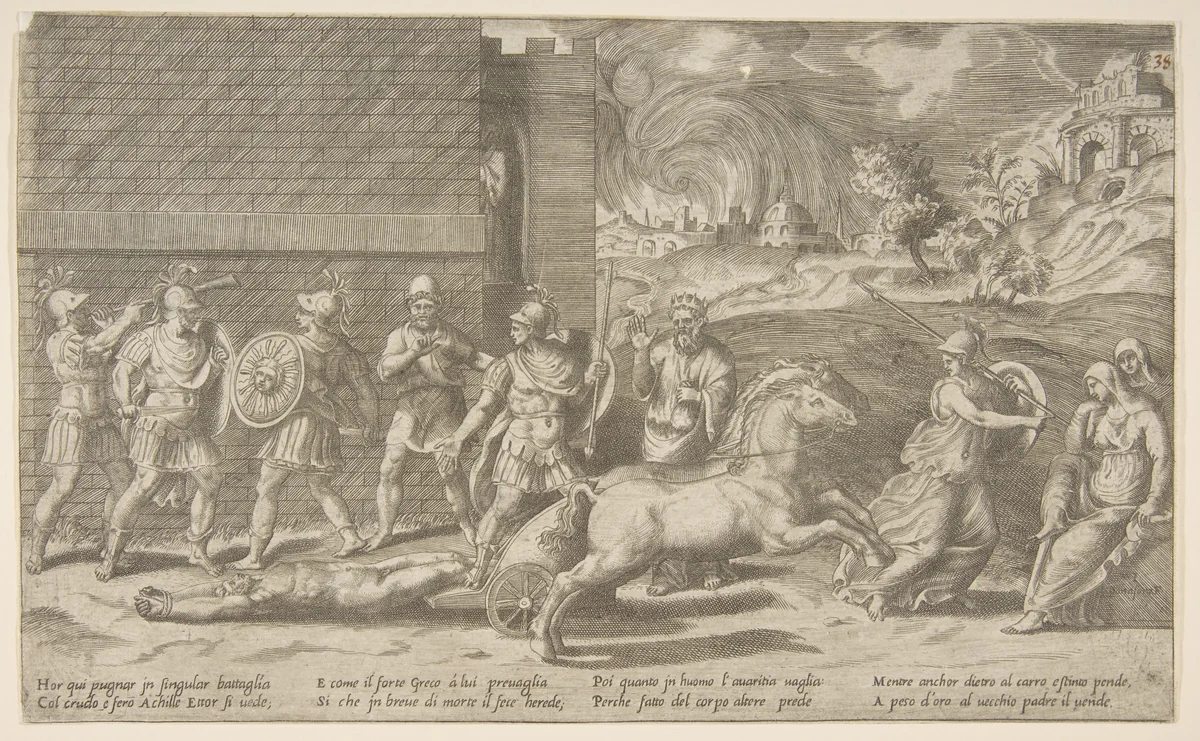 The combat of Hector and Achilles, and Achilles dragging the body of Hector around the walls of Troy by Giulio Bonasone, print, 1531-1576