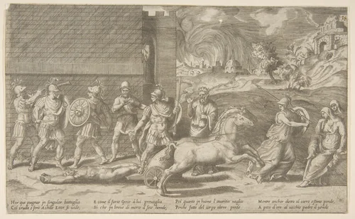 The combat of Hector and Achilles, and Achilles dragging the body of Hector around the walls of Troy by Giulio Bonasone, print, 1531-1576