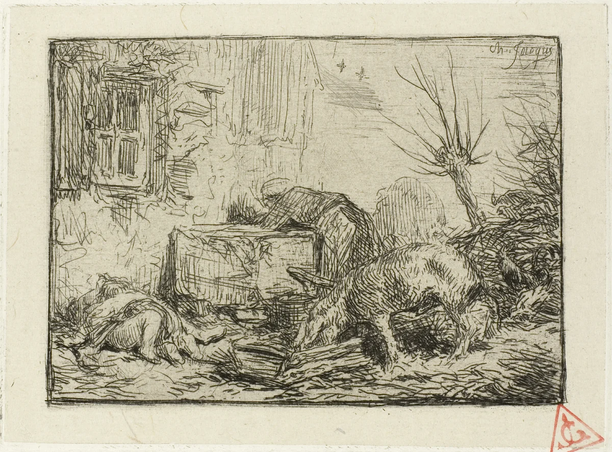 Farm Courtyard by Charles-Émile Jacque, print, 1846