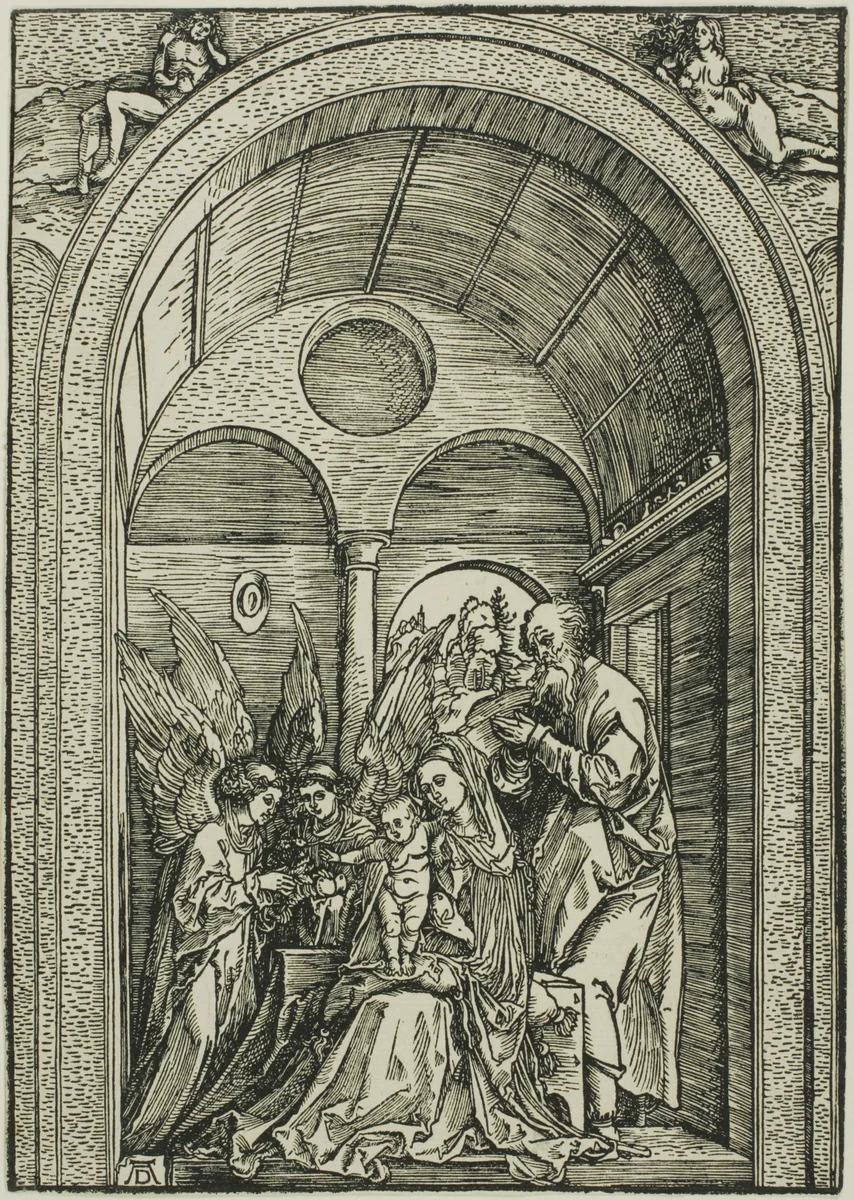 The Holy Family with Two Angels in a Vaulted Hall by Albrecht Dürer, print, 1503-1504