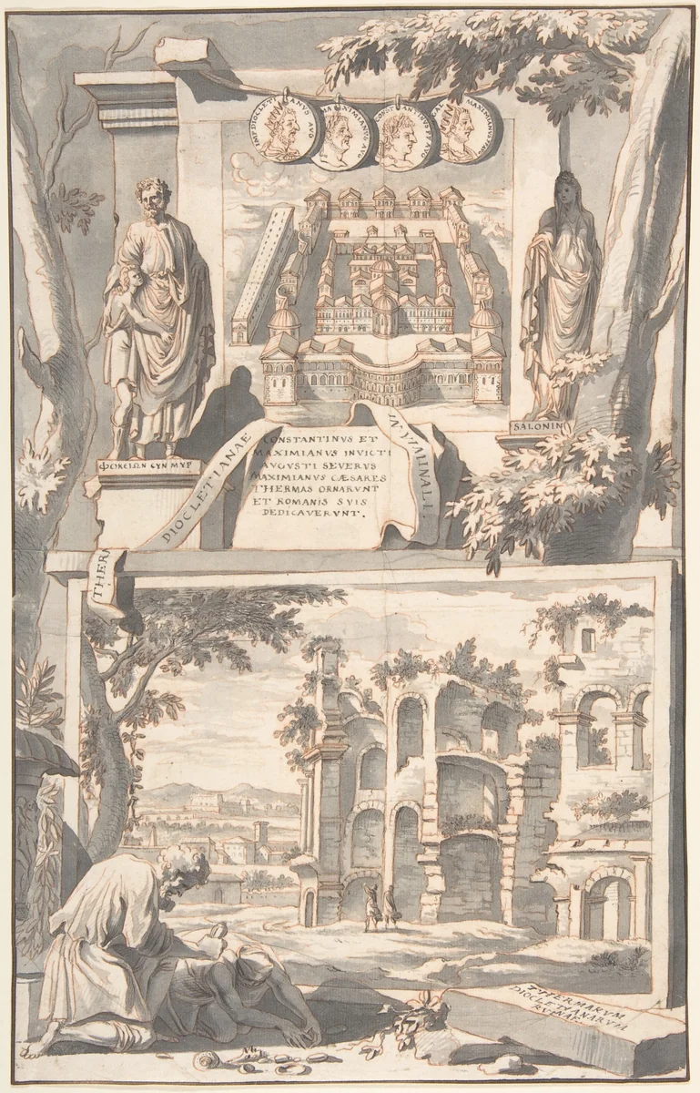 A Reconstruction of the Thermae of Diocletian (above) and a View of the Ruins (below) by Jan Goeree, drawing, 1690-1704