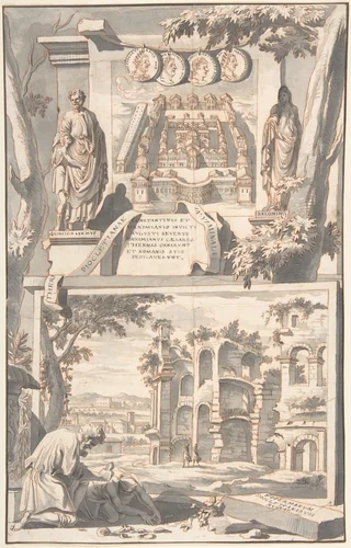 A Reconstruction of the Thermae of Diocletian (above) and a View of the Ruins (below) by Jan Goeree, drawing, 1690-1704