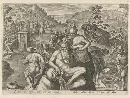 Nachtelijk vissen met een hengel by Philips Galle, print, 1578