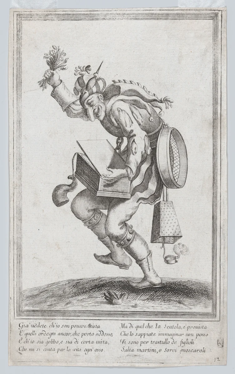 A caricature figure representing a poor itinerant artist loaded with various implements relating to his trade by anonymous, print, 1635-1645