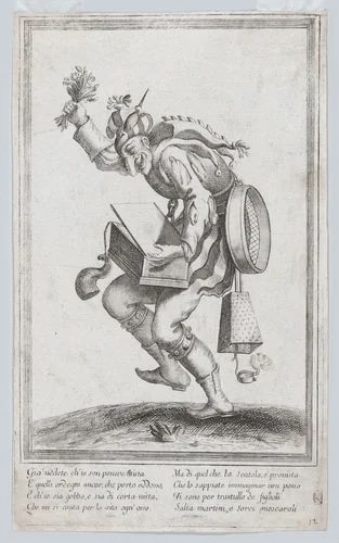 A caricature figure representing a poor itinerant artist loaded with various implements relating to his trade by anonymous, print, 1635-1645