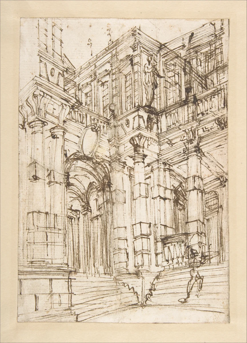 Sketch for a Stage Set: Foreshortened View of a Palace with a Figure on the Stairs by Antonio Galli Bibiena, drawing, 1700-1774