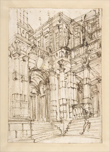 Sketch for a Stage Set: Foreshortened View of a Palace with a Figure on the Stairs by Antonio Galli Bibiena, drawing, 1700-1774