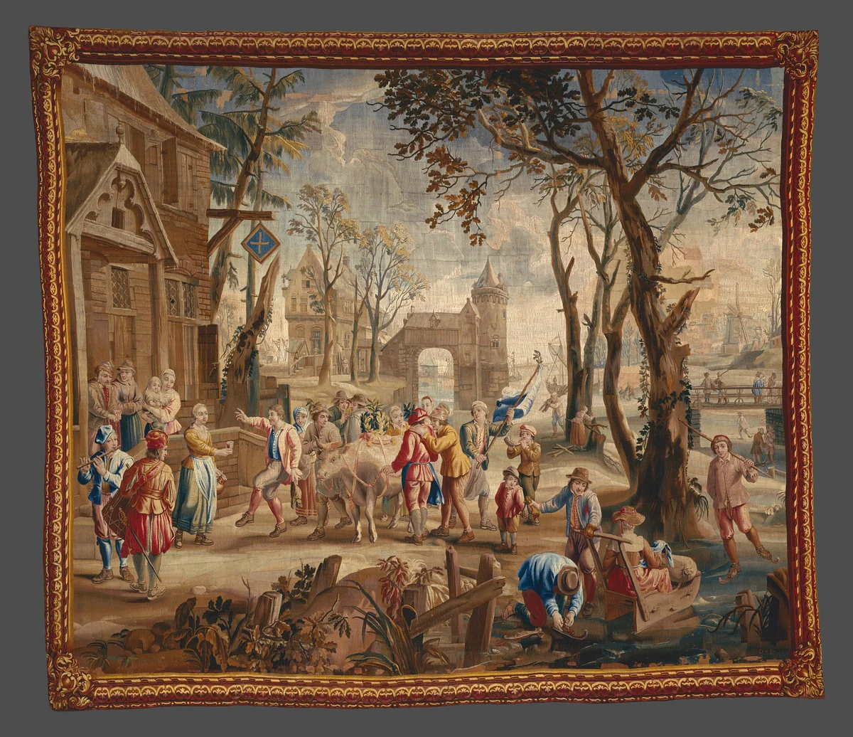 Procession of the Fat Ox from a Teniers Series by Jan van Orley, textile, 1715-1735