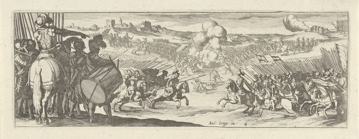 Cavalerist spreekt soldaten toe by Simon Frisius, print, 1595-1628