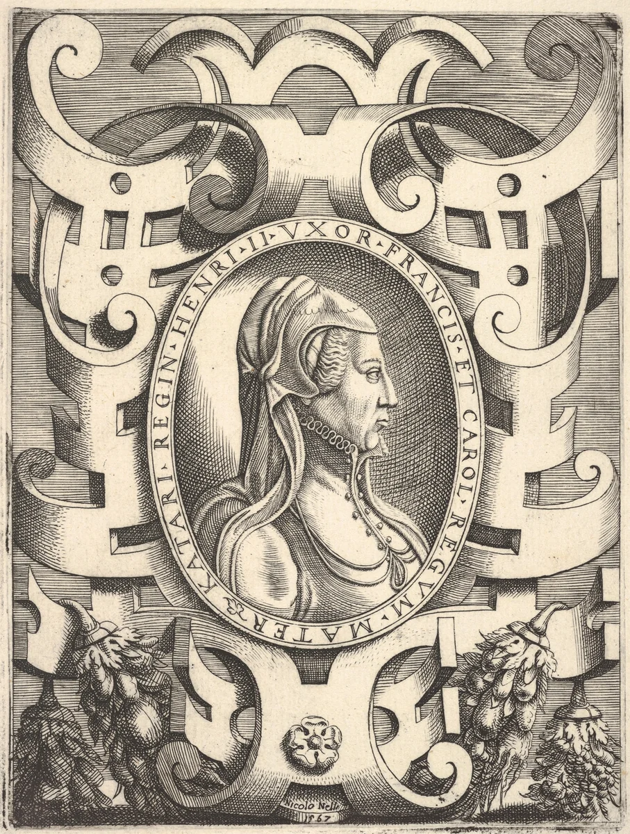 Bust profile portrait of Catherine de' Medici in an ornamented frame, from "Portraits of some princes and illustrious people" (Ritratti di alcuni prencipi, et huomini illustri; also titled Imagines quorundam principum et illustrium virorum) by Nicolò Nelli, print, 1567