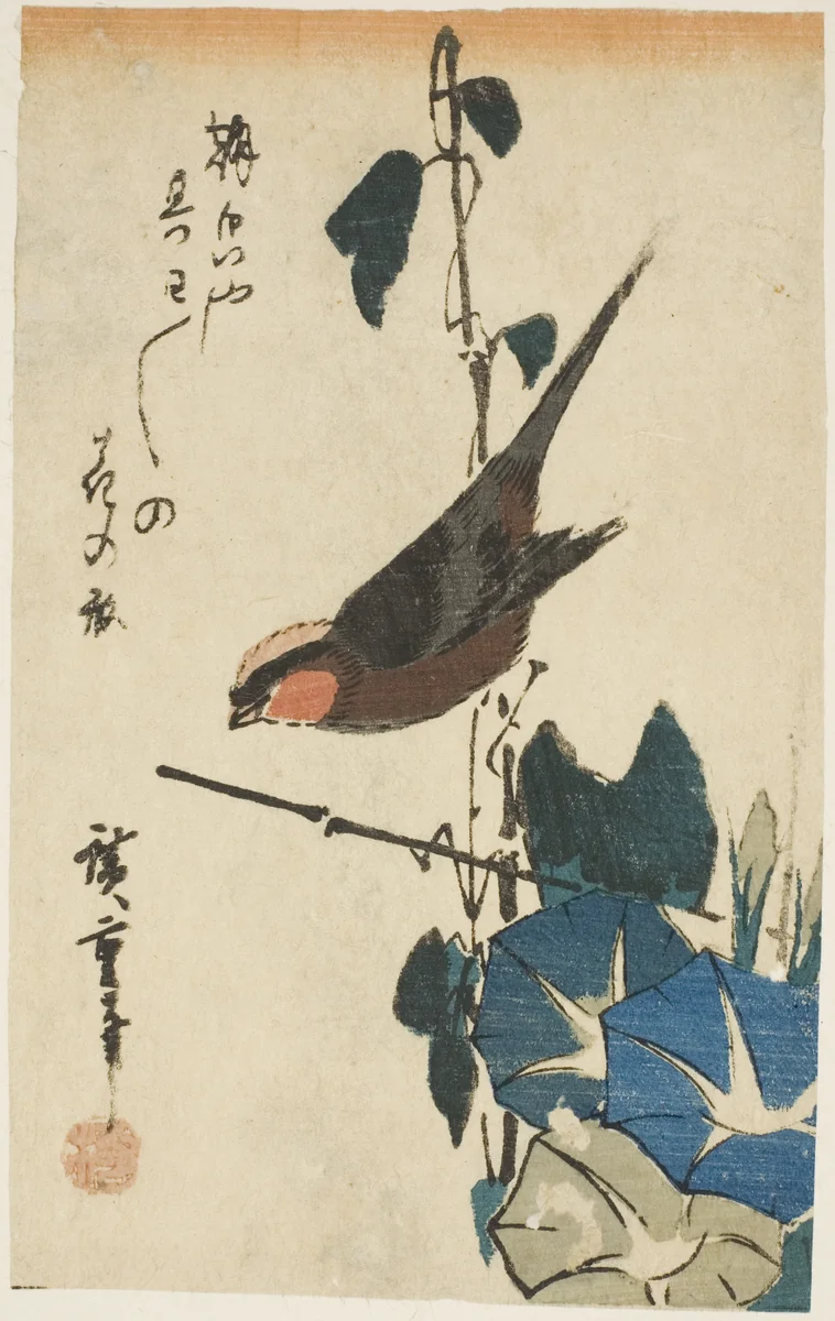 Sparrow and morning glories by Utagawa Hiroshige (歌川広重), print
