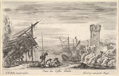 View of the coast of Italy (Veue des Costes d'Italie), from "Views of seaports" (Vues de ports de mar) by Stefano della Bella, print, 1647
