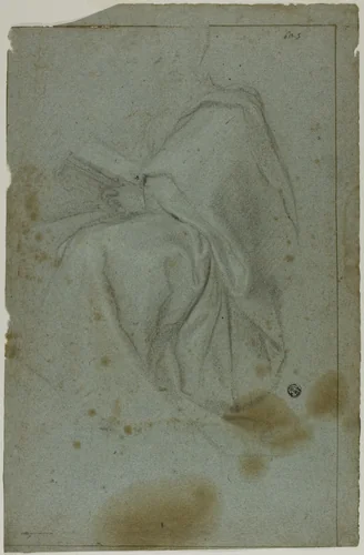 Seated Draped Male Figure with Book (recto); Two Seated Women with Sketch of Left Hand (verso) by Domenico Fiasella, drawing, 1600-1699