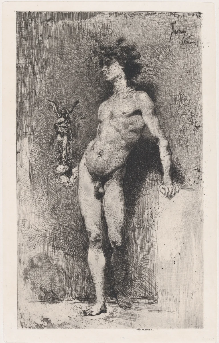 Victory: a naked youth standing facing left holding a statue of winged Victory in his right hand by Mariano Fortuny, print, 1869