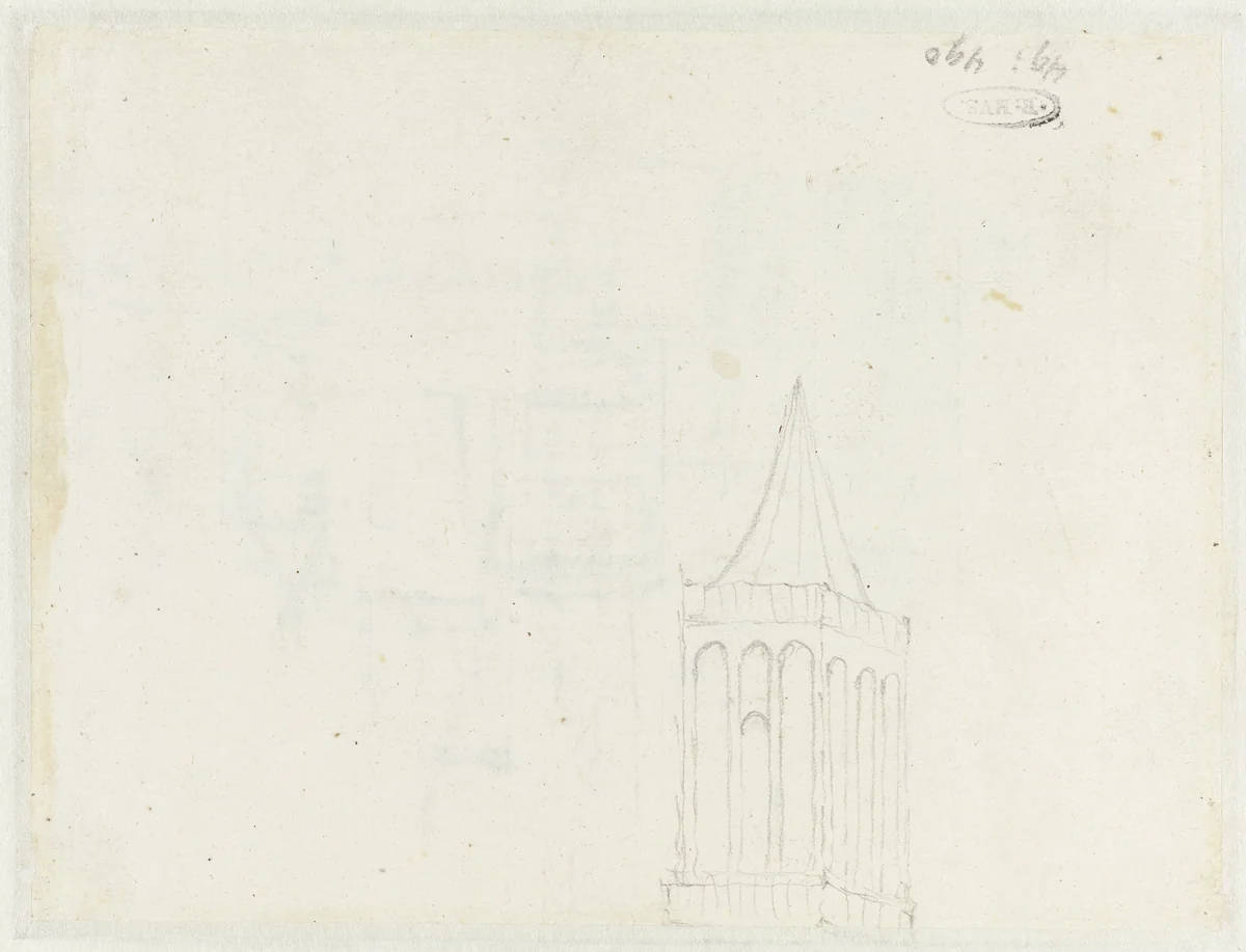 Bovenste geleding en spits van een gothische kerktoren by Jan Abrahamsz. Beerstraten, drawing, 1600-1699