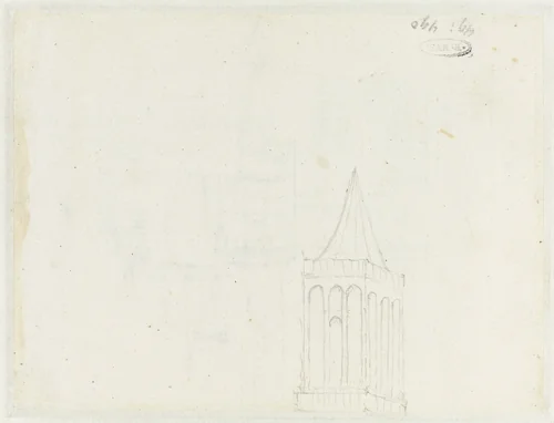 Bovenste geleding en spits van een gothische kerktoren by Jan Abrahamsz. Beerstraten, drawing, 1600-1699