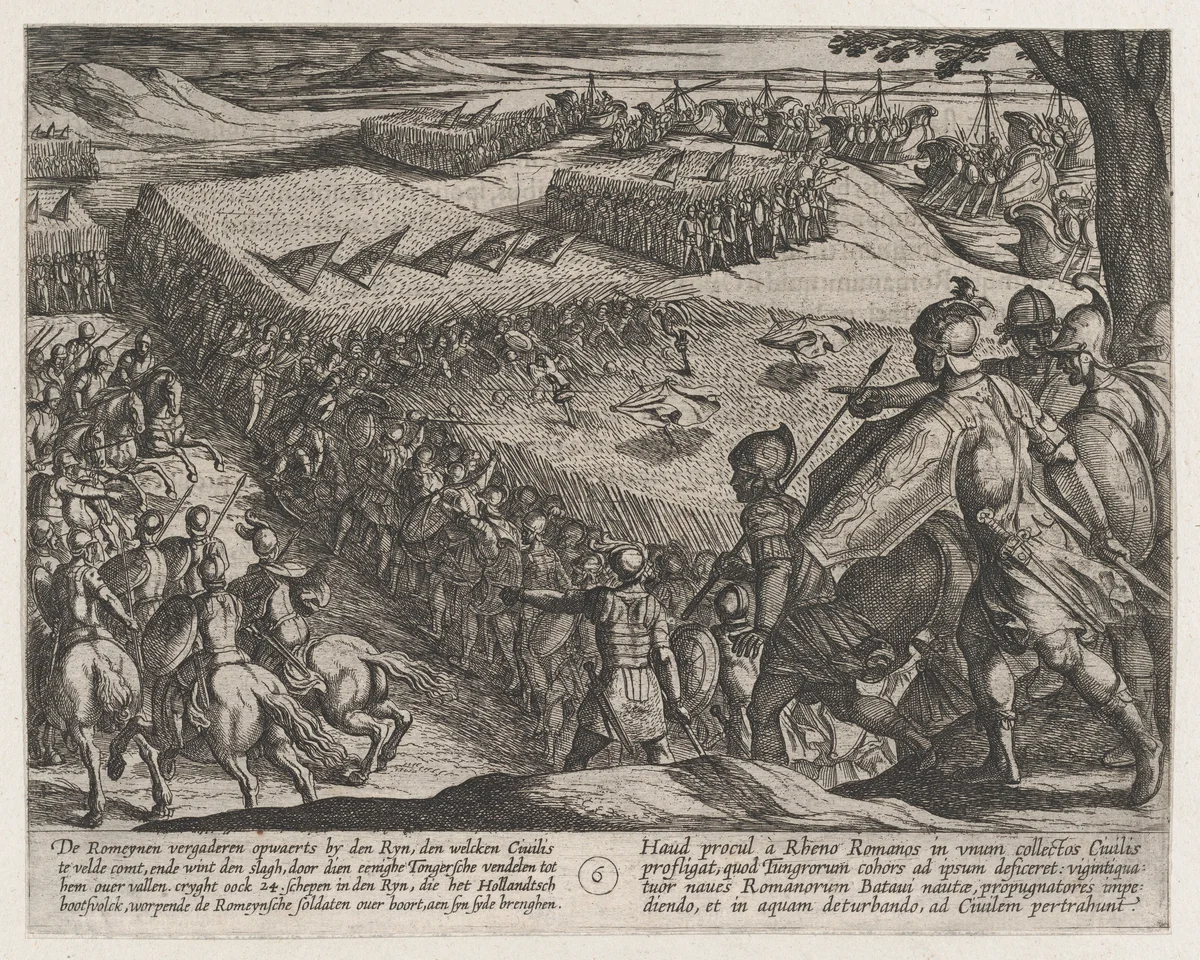 Plate 6: Romans Defeated Near the Rhine, from The War of the Romans Against the Batavians (Romanorvm et Batavorvm Societas) by Antonio Tempesta, print, 1611-1612