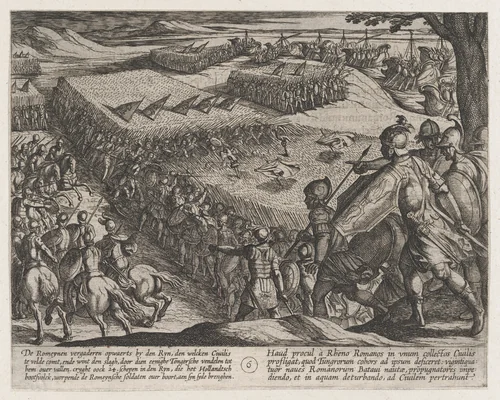 Plate 6: Romans Defeated Near the Rhine, from The War of the Romans Against the Batavians (Romanorvm et Batavorvm Societas) by Antonio Tempesta, print, 1611-1612