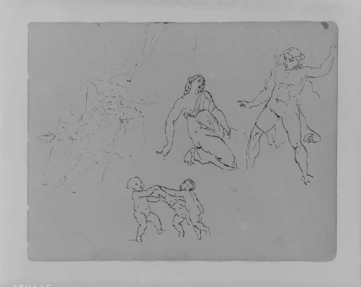 Seated, Bearded Man [Falstaff?]; Lucretia [? and ?]; Three Dancing Putti (from Sketchbook) by Thomas Sully, artwork, 1810-1820