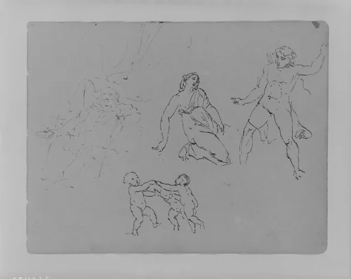 Seated, Bearded Man [Falstaff?]; Lucretia [? and ?]; Three Dancing Putti (from Sketchbook) by Thomas Sully, artwork, 1810-1820