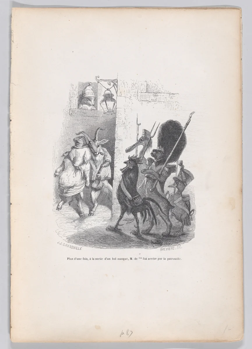 More than once, while leaving the masked ball Mr. de *** was arrested by the patrol officers, from "Scenes from the Private and Public Life of Animals" by J. J. Grandville, print, 1832-1852